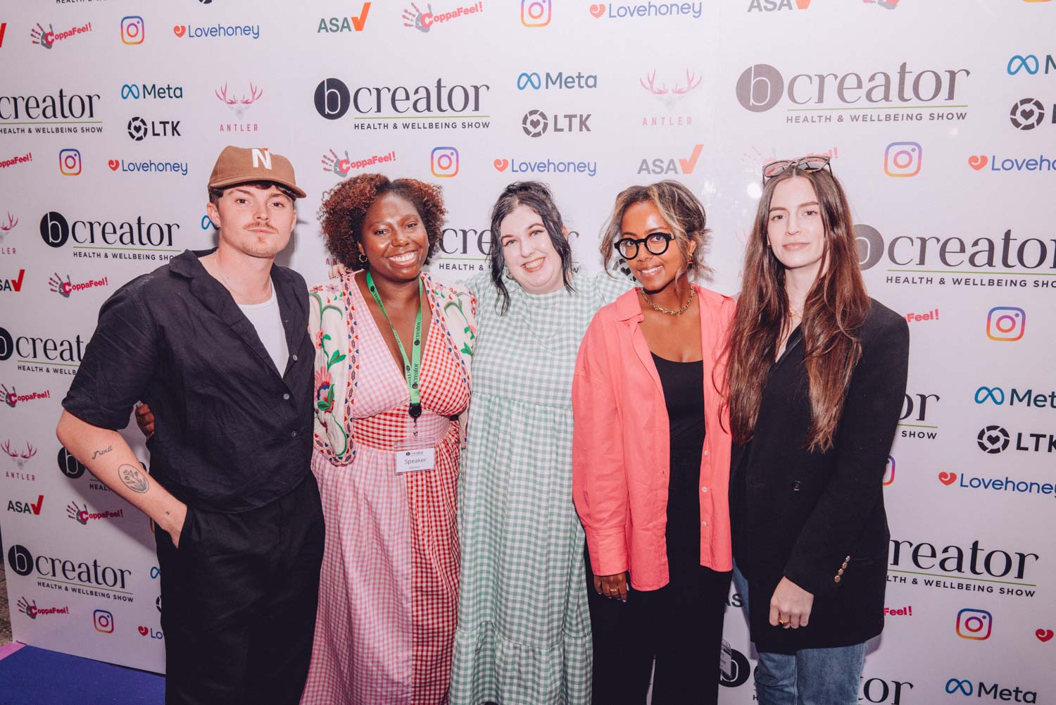 Panellists on the purple carpet: Max Selwood, Tasha Bailey, Self Love Liv, Bel Merid and Gemma Styles